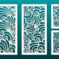 Laser cut template pattern, vector set. Metal cutting or wood carving, panel design, stencil for fretwork, paper art, card background or interior decor. Underwater abstract texture with seashells.